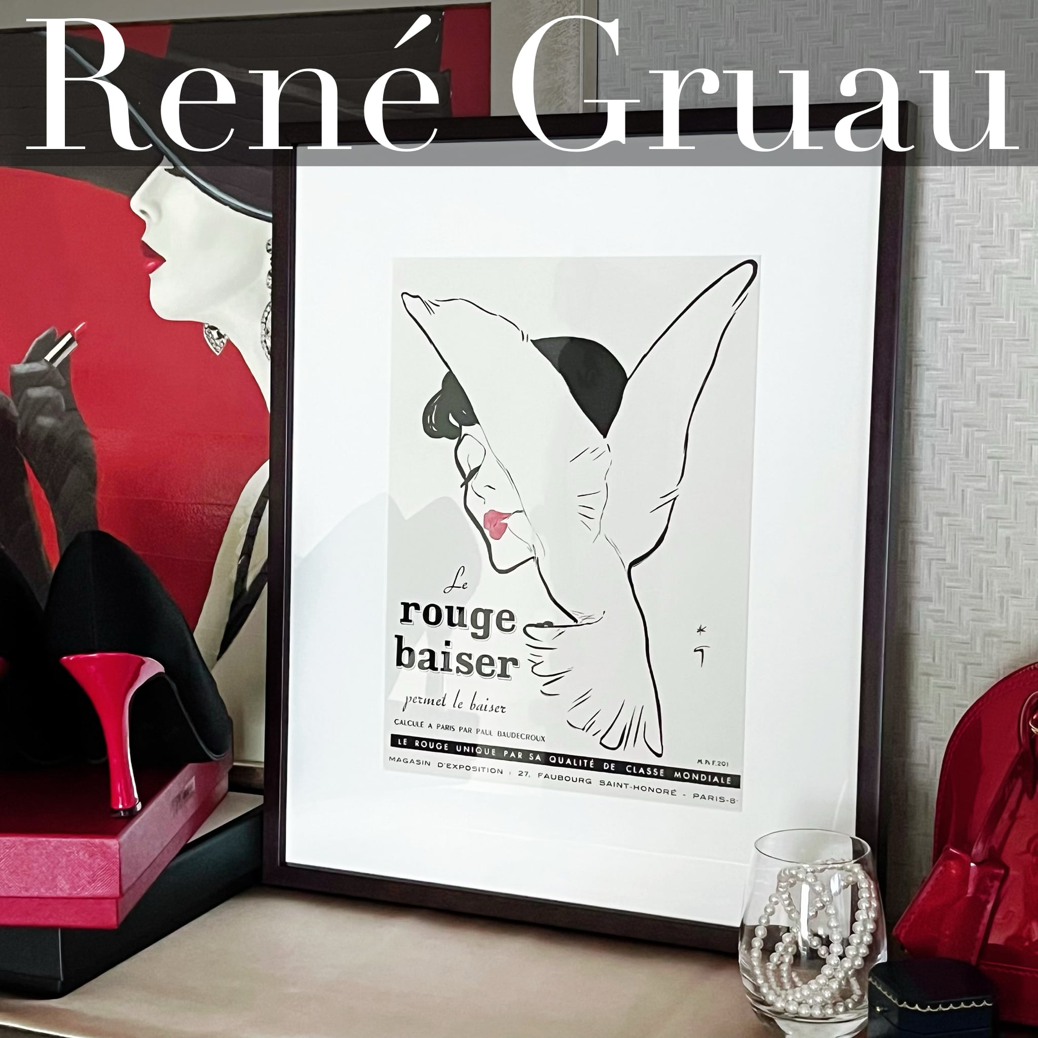 1948 広告＞Rene Gruau ルネ グリュオ Rouge Baiser ポスター