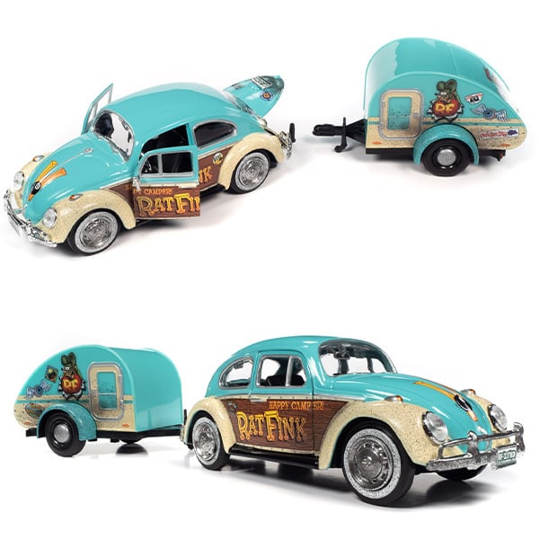 AUTO WORLD 1:24 RAT FINK 1966 VW Beetle w/Tear Drop Trailer & Rat