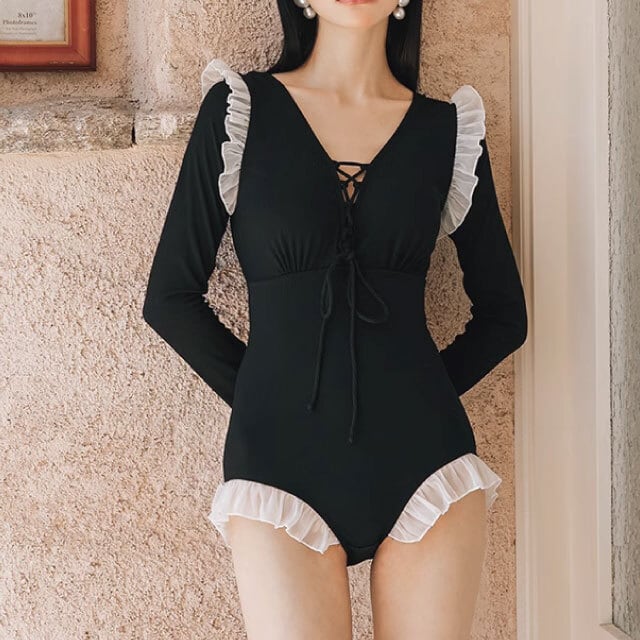 ワンピース水着 黒 フリル 長袖 | y-boueki -import swimwear -