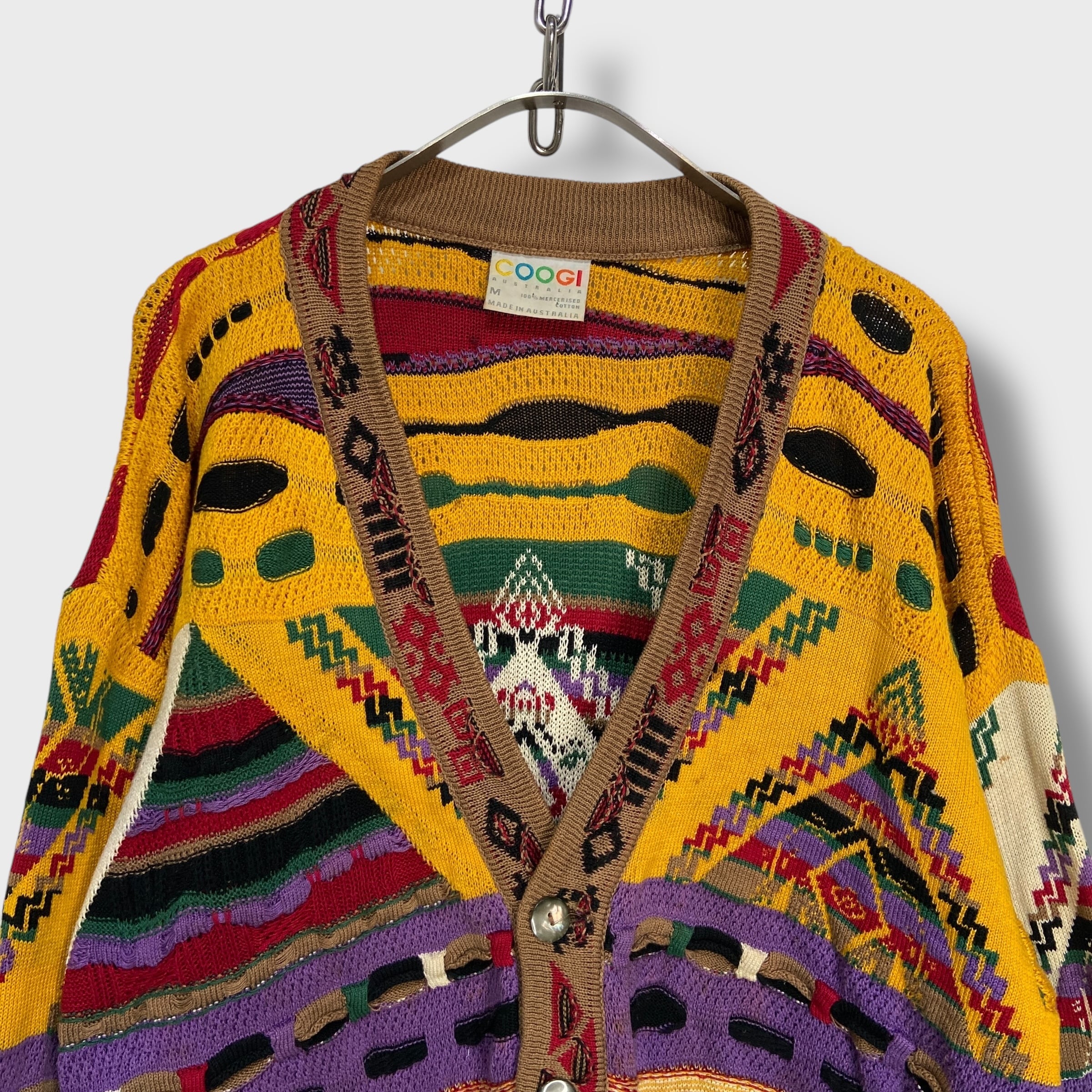 90s COOGI クージー 3Dニットカーディガン 総柄ニット 黄色 M | 古着屋 Uan