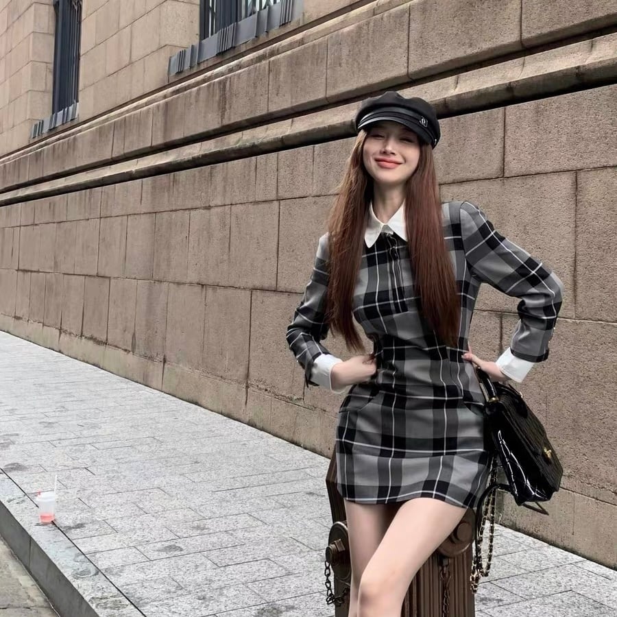 dress】襟付きチェック柄長袖ミニワンピース SJ1006 | BeautyYouStyle