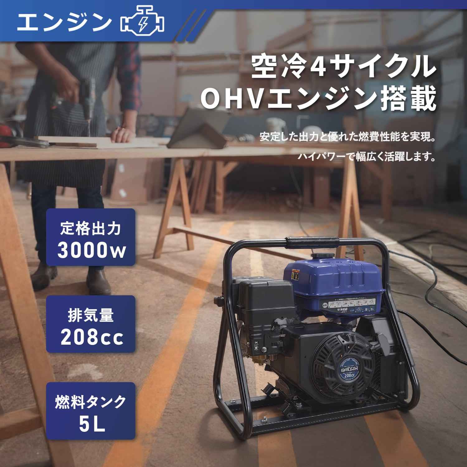 インバーター発電機 最大出力3.5kVA 高性能 静音 50Hz/60Hz切替 5L燃料