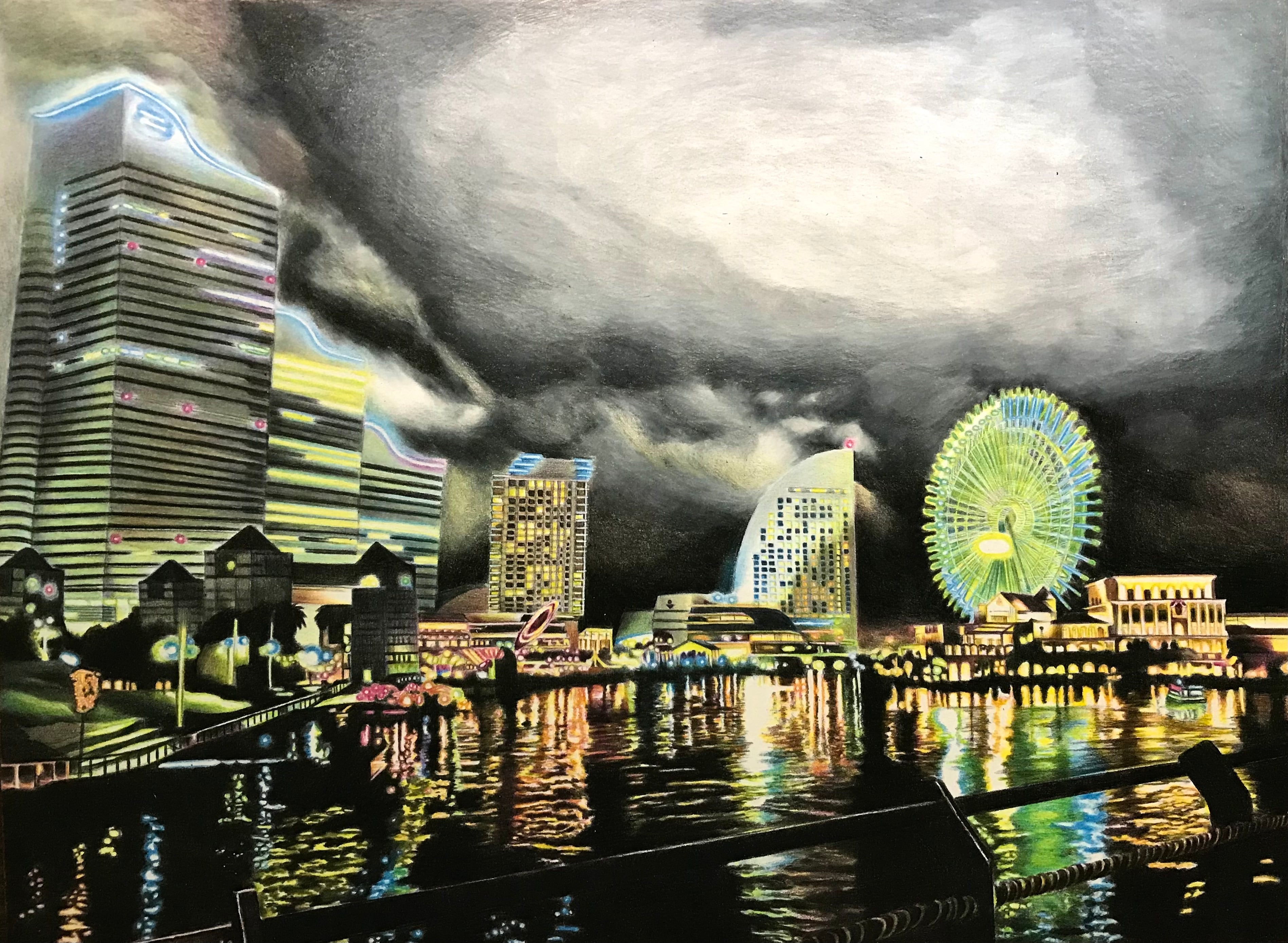夜色のヨコハマ 色鉛筆 原画 色鉛筆画 絵 絵画 横浜 夜景 みなとみらい