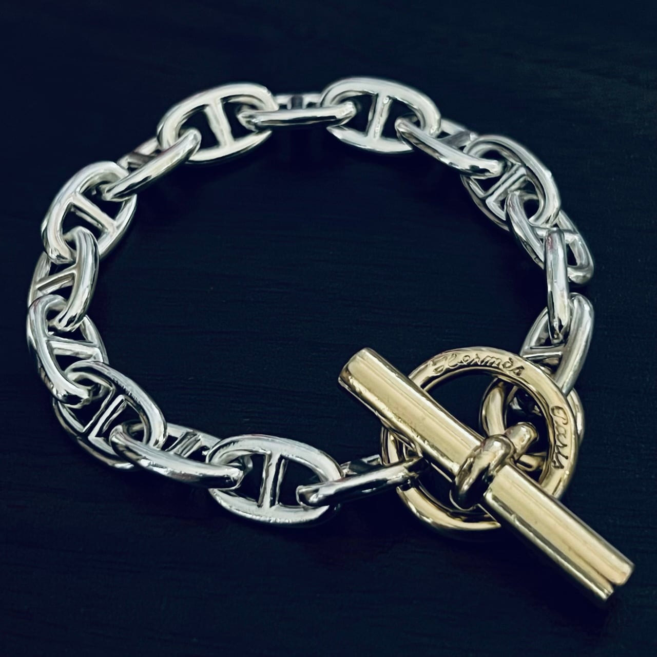 VINTAGE HERMES Chaine d'Ancre Bracelet MM 16 Links Silver & Gold