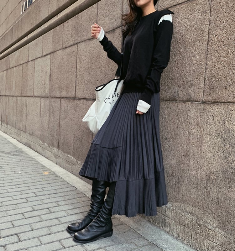 アシンメトリーフリル ロングスカート ブラック SK00035 | EMME boutique