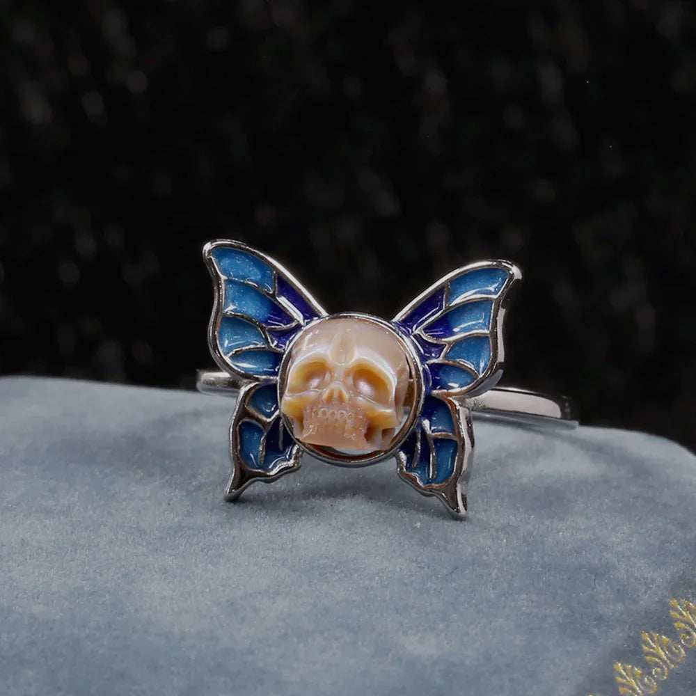 Pearl Skull Blue Butterfly Ring-Belle Juri
