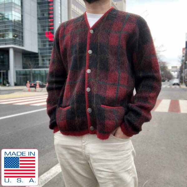 60's USA製 Jantzen 好配色 モヘアカーディガン 赤系 チェック柄 L 毛