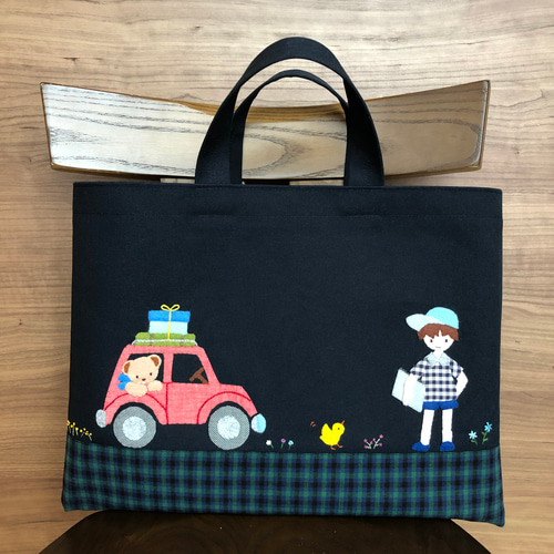 受注制作】くるま くま 男の子 お受験バッグ ファミリアチェック