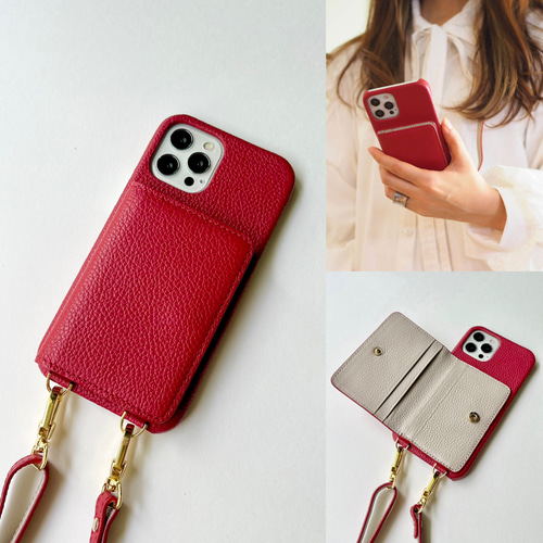 3 名入れ可｜バイカラー本革iPhoneショルダーケース（背面収納 スマホ