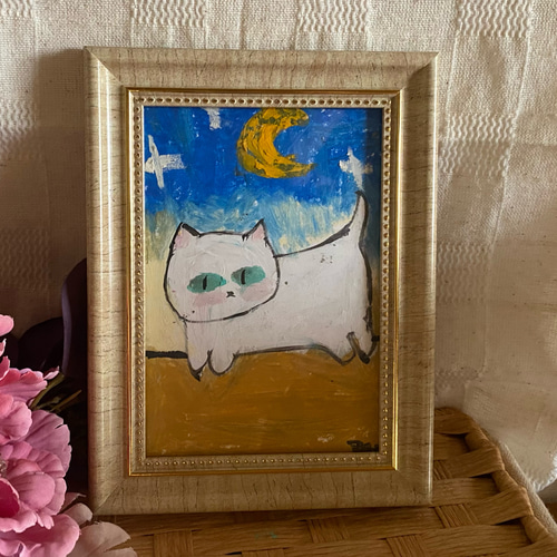 絵画。原画手描【夜の散歩が好きな白い猫】 絵画 アカザ麦 通販