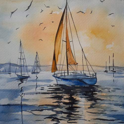 水彩画 ヨットに鳥が舞う 絵画 makochin 通販 17217000｜Creema