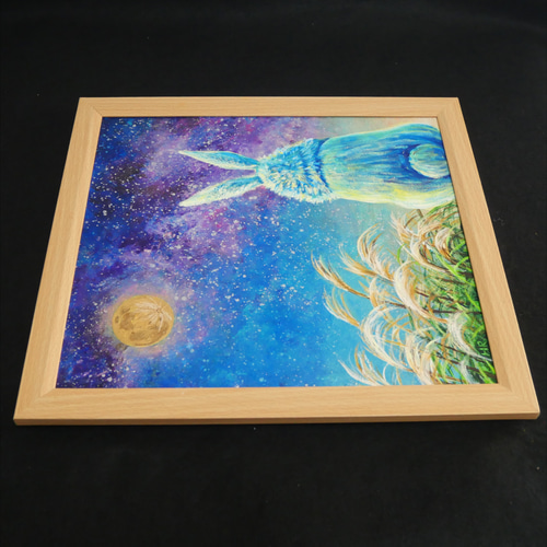 油絵 油彩 油彩画 絵 絵画【お月見に満月の星空を見上げるウサギ