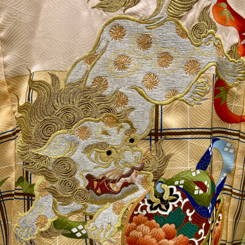 着物リメイクスカジャン 産着リメイク リバーシブル 獅子 刺繍 メンズL
