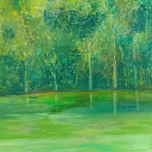 森と湖畔 オイルパステル原画 一点もの A4サイズ 絵画 ゆうまめ 通販