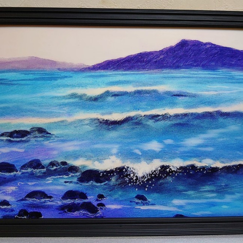 ☆丘の見える海／風景画／複製画／A4／簡易的な額縁付き。 絵画