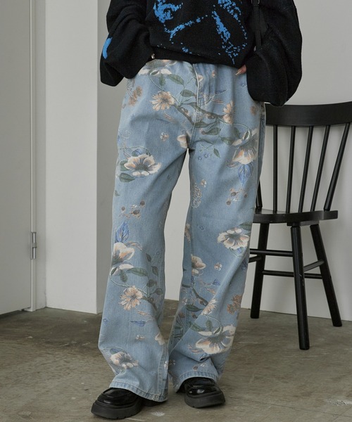 flower design wide denim pants / フラワーデザイン ワイド デニム