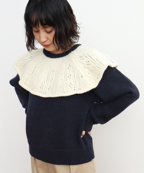 セール】1/3Wool 透かし編みケープ襟プルオーバー（ニット/セーター