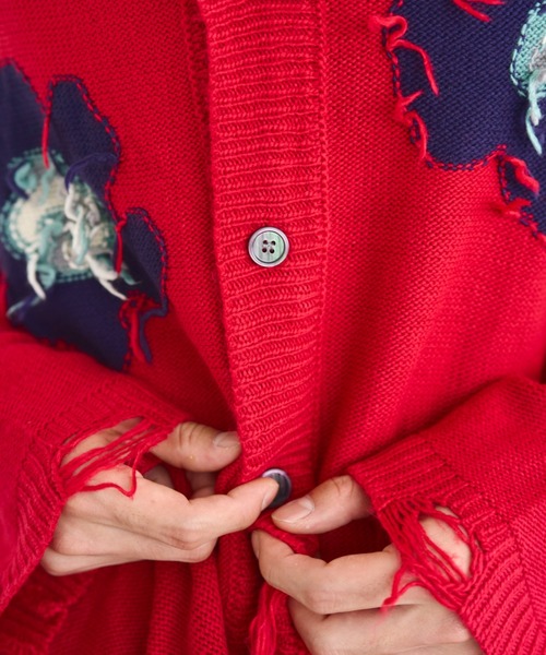 damage flower motif knit shirt cardigan / ダメージ加工フラワー