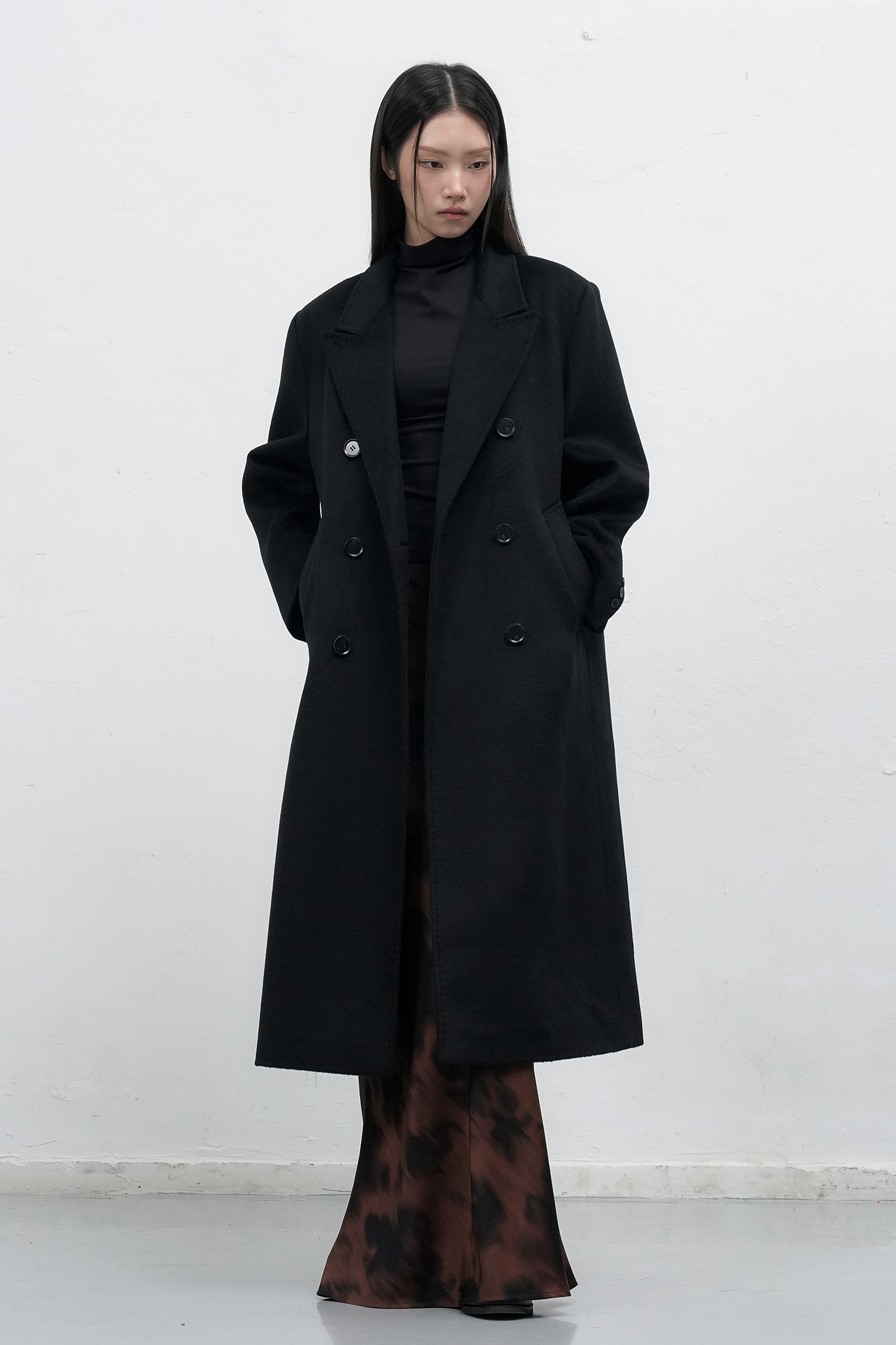 WOMAN ダブルブレストウールロングコート [BLACK]