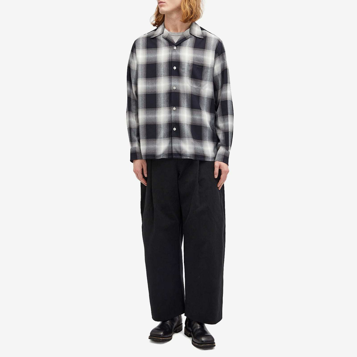 Wacko Maria Men's Type-1 Ombre Check Open Collar Shirt in Grey
