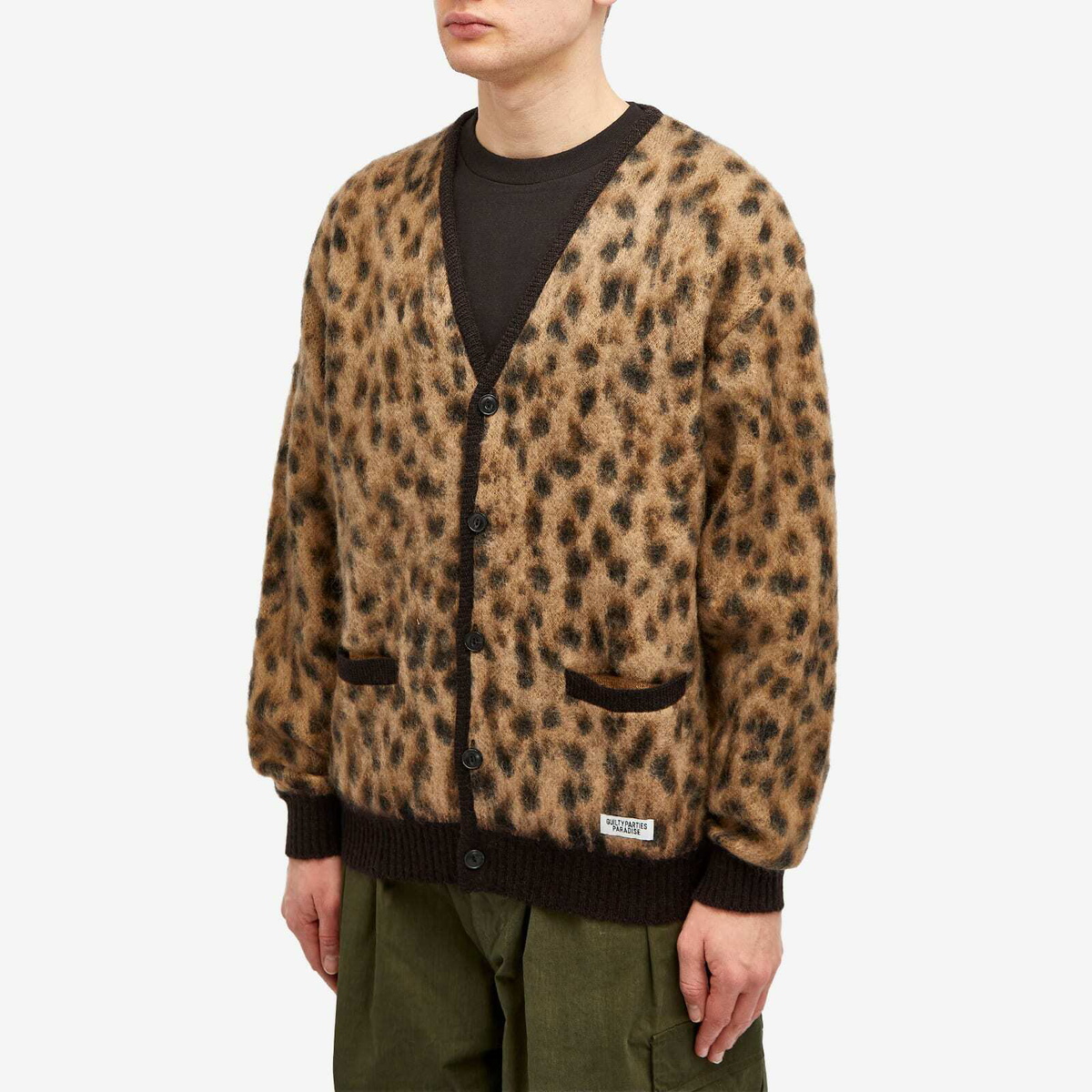 Wacko Maria Men's Leopard Mohair Cardigan in Beige Wacko Maria