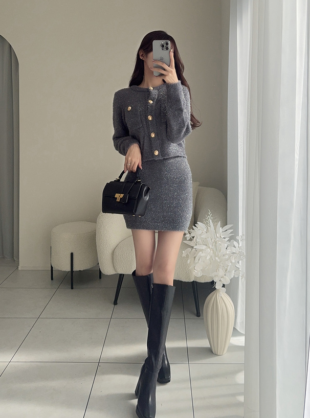 ラメフェザーニットカーディガン×ミニスカートセットアップ[kz617