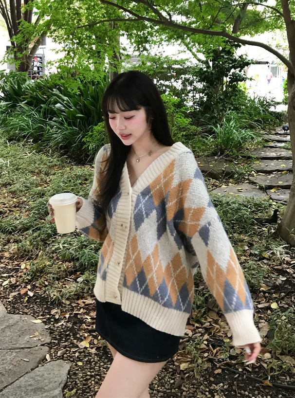 アーガイル柄Vネックニットカーディガン[kz640] | レディース