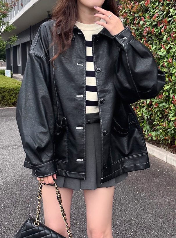 襟2Way配色ステッチレザールーズブルゾン[on259] | レディース