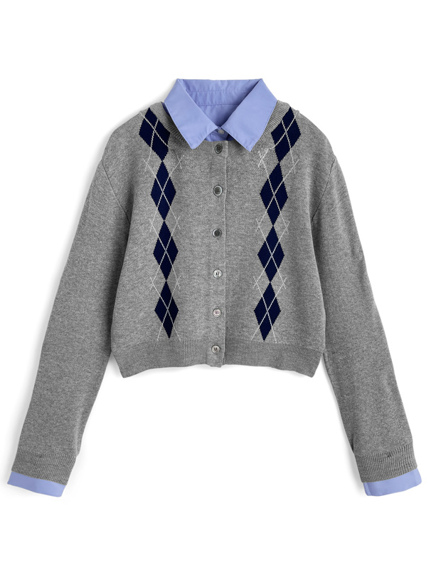 2Wayアーガイル柄シャツレイヤード風ニットカーディガン[lt143