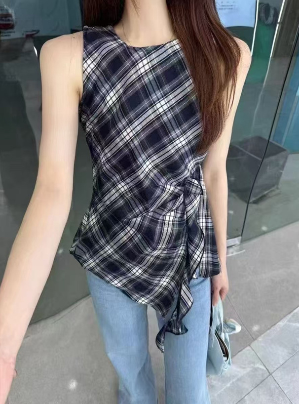 チェック柄ノースリーブイレギュラーヘムトップス[sd131] | レディース