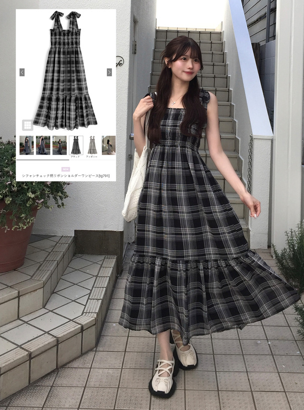 シフォンチェック柄リボンショルダーワンピース[tg791] | レディース