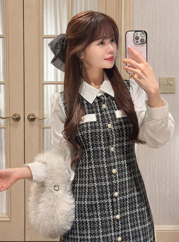 配色襟ツイードチェック柄ミニワンピース[tg905] | レディース