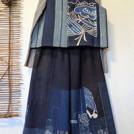 古布リメイク パッチパンツ 藍染 刺し子 柿渋染 ハンドメイド 一点物