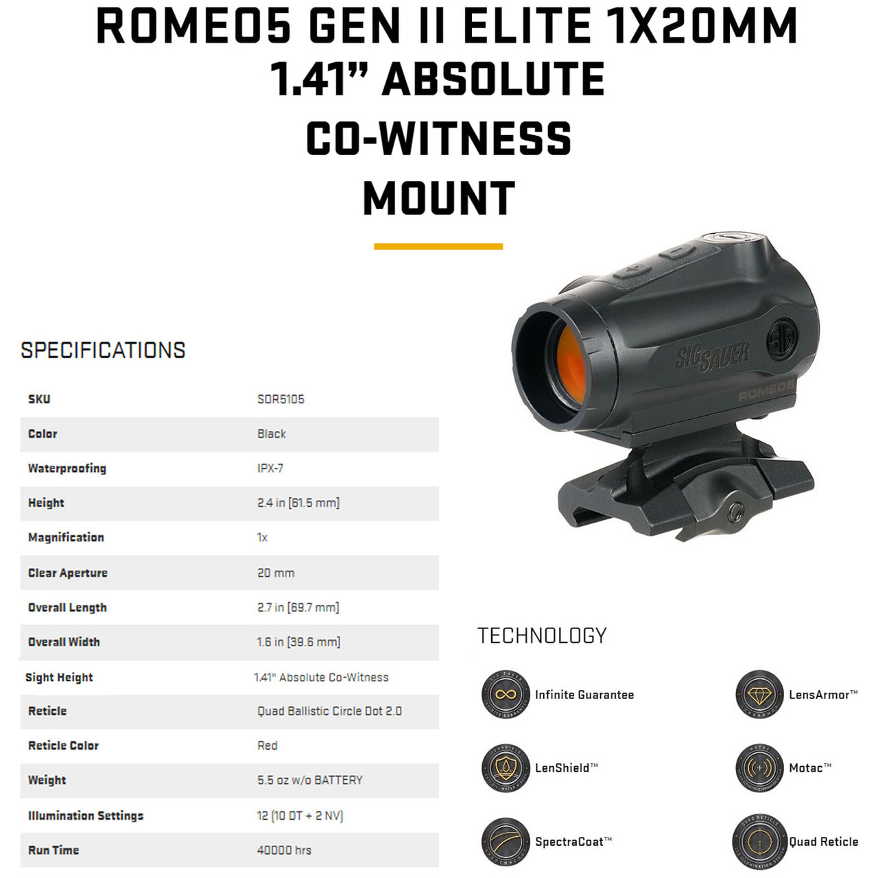 SIG SAUER Romeo5 II Elite 1x20mm Red Dot Sight SOR5105