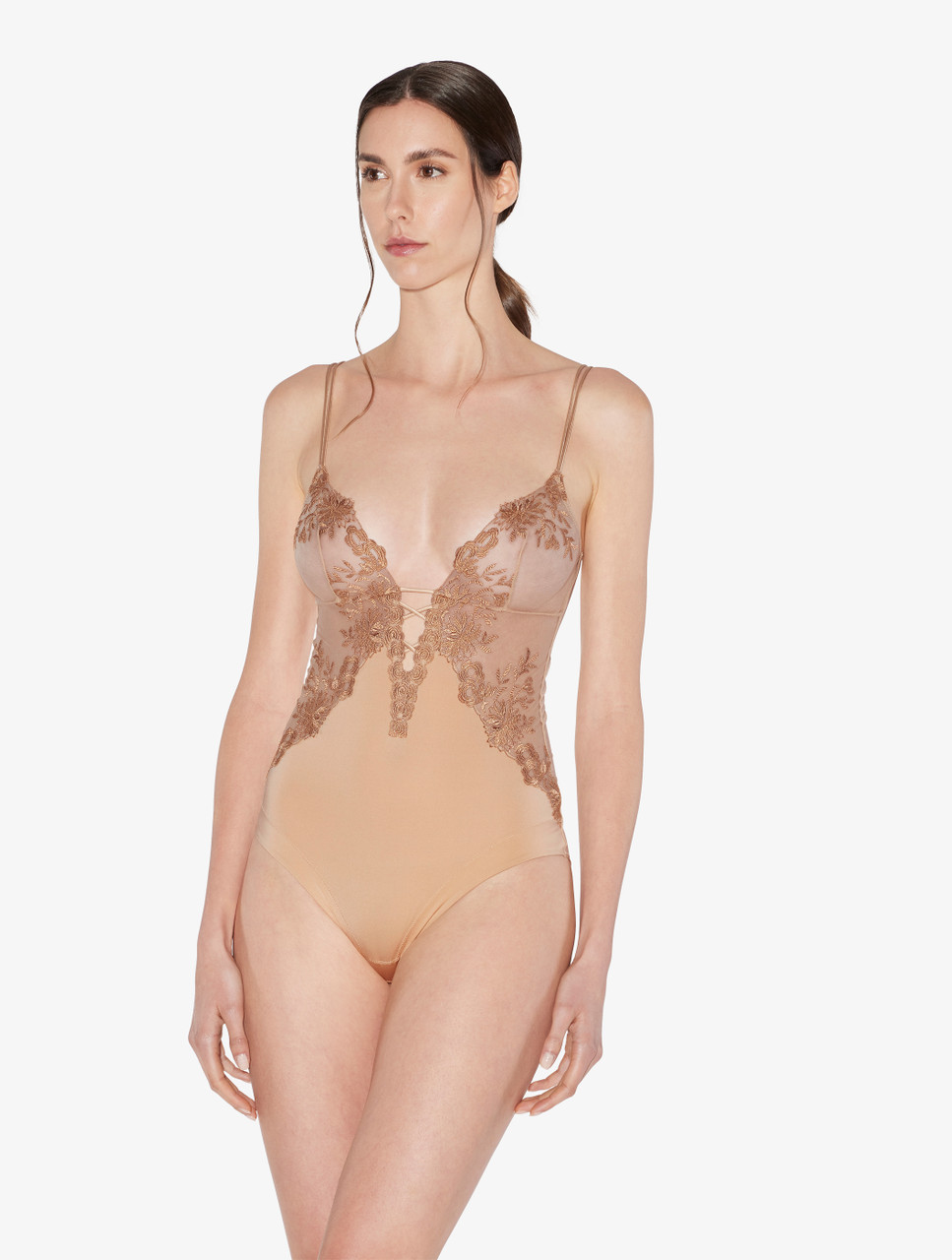 ベージュ 刺繍チュール＆ライクラ ボディスーツ｜La Perla - ラペルラ