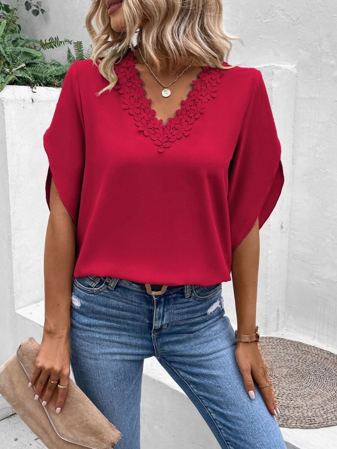 Lace Detail V-Neck Half Sleeve Blouse – Charming Charlie
