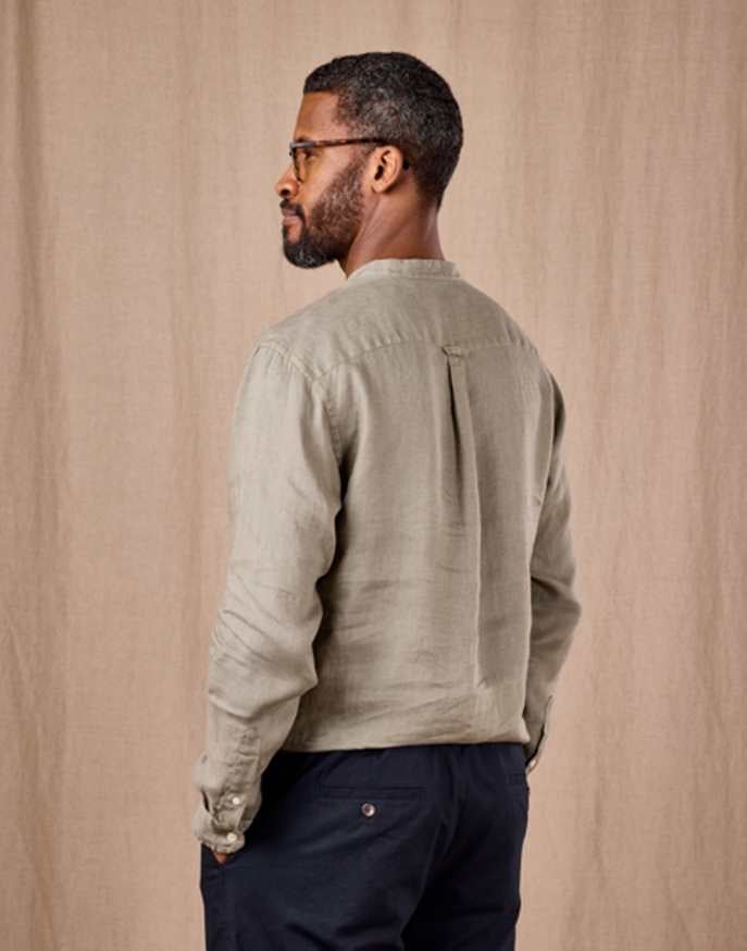 Linen Grandad Half Placket Shirt - Light Olive Half Placket