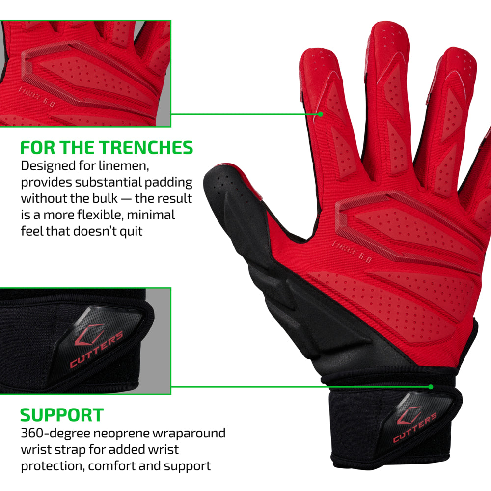 Force 6.0 Lineman Red Football Gloves | Cutters Sports
