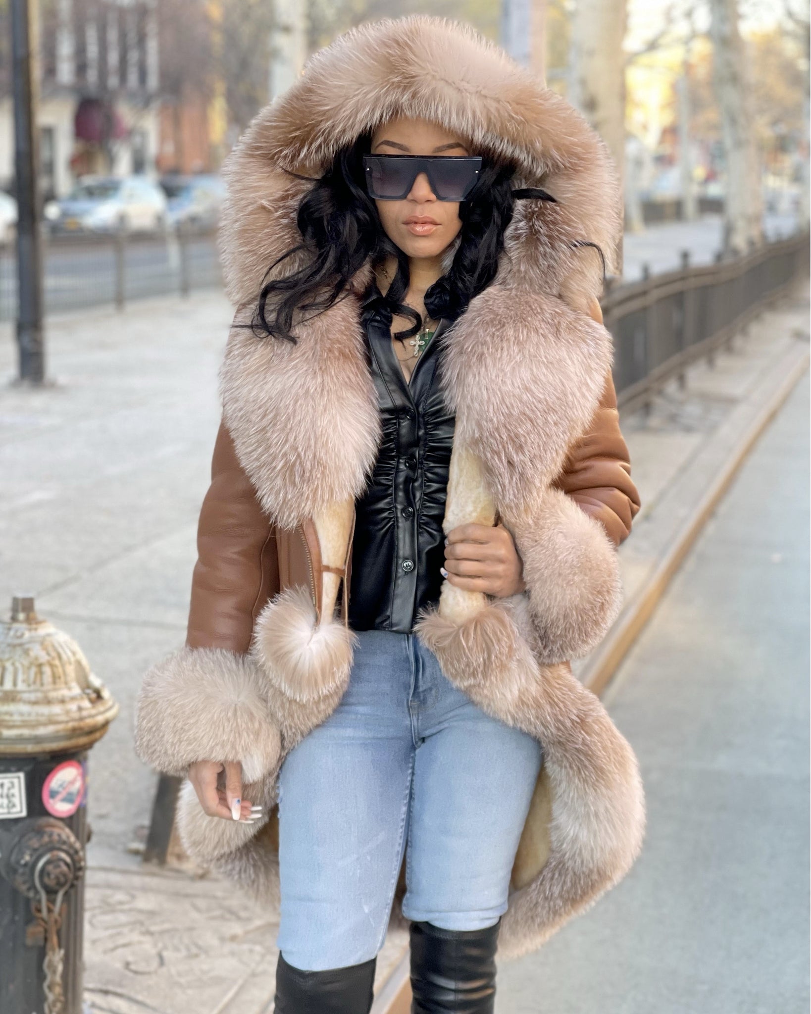 WOMEN SHEARLING- COGNAC LONG LENGTH WITH CRYSTAL FOX FUR – DaRucci