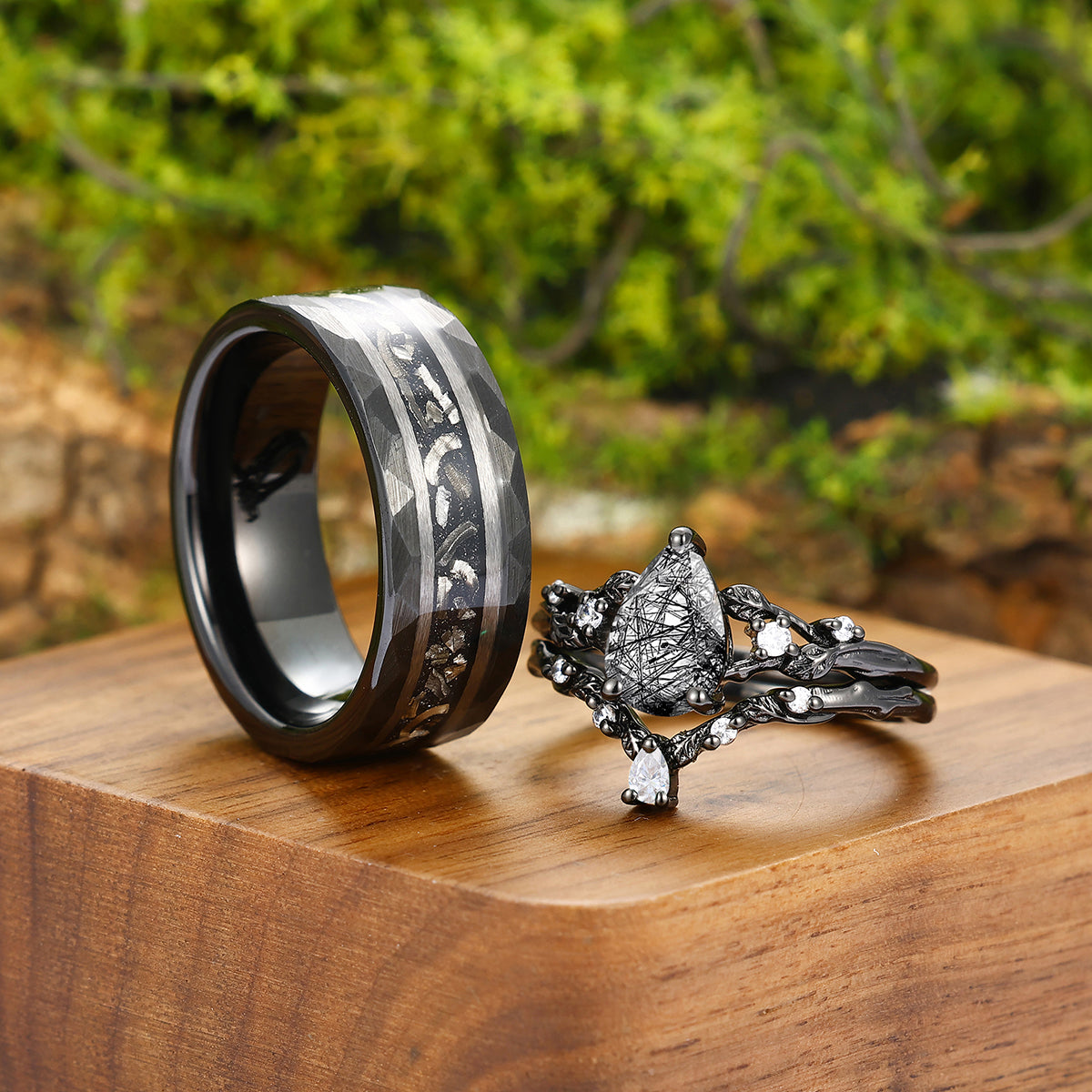 Art Deco Black Rutilated Quartz Branch Design Engagement Couple