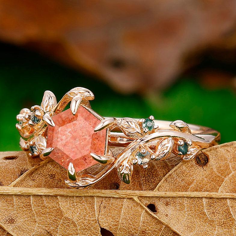 0.85CT Hexagon Cut Leaf Natural Sunstone Engagement Ring Moss