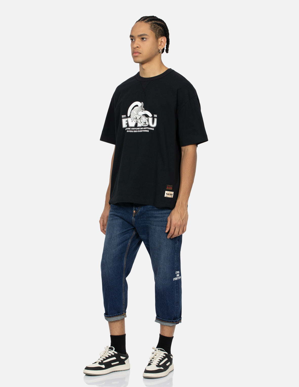 鯉のぼりプリントとカモメ刺繍クロップドフィットジーンズ＃2027 – EVISU