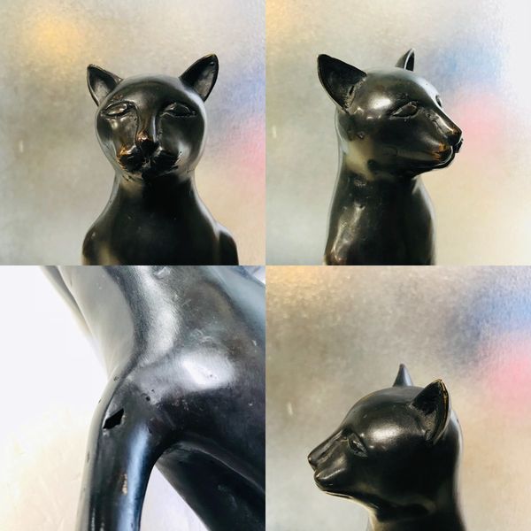 ブロンズ猫／皿を持つブロンズ猫のオブジェ【H37cm】 | ブロンズ猫
