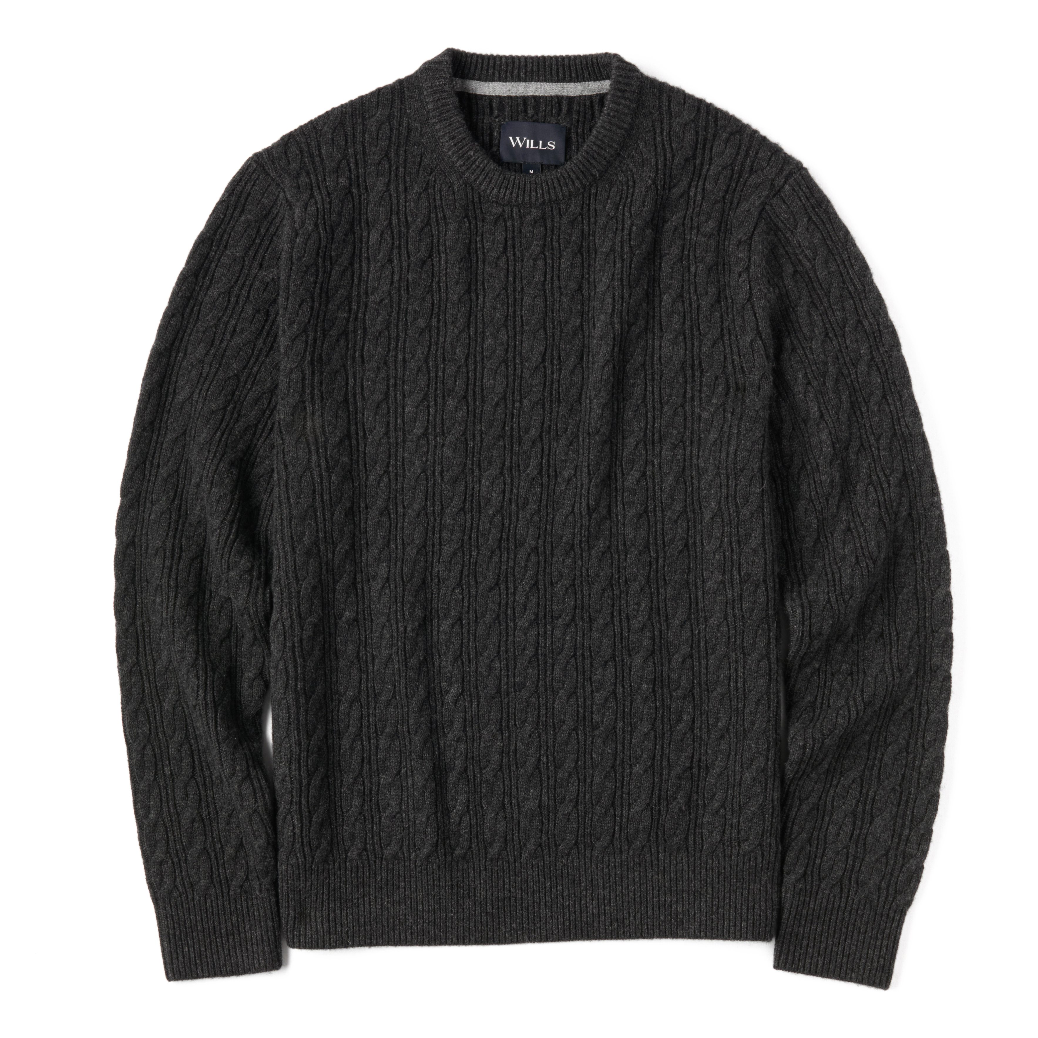 Wills EasyCash Merino Cable Knit Sweater - Charcoal | Crew Neck