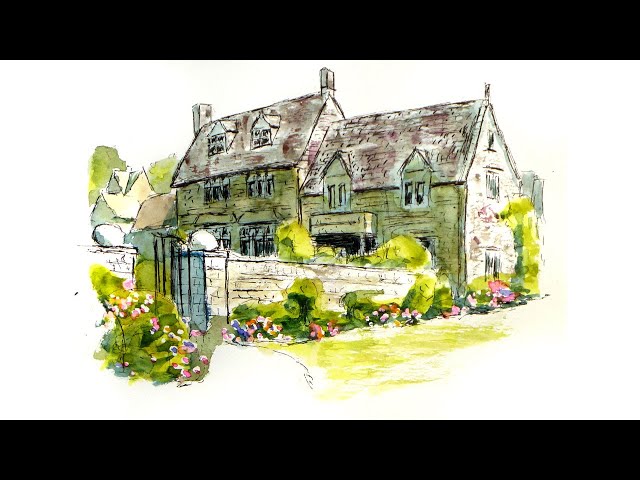 Freely watercolor】ヨーロッパの古い村と建物 コッツウォルズ