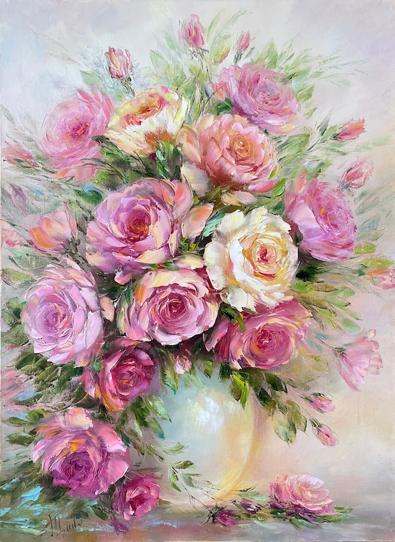 ピンクのバラの油絵 オリジナルの花瓶に入った花の絵画 クラシックな壁