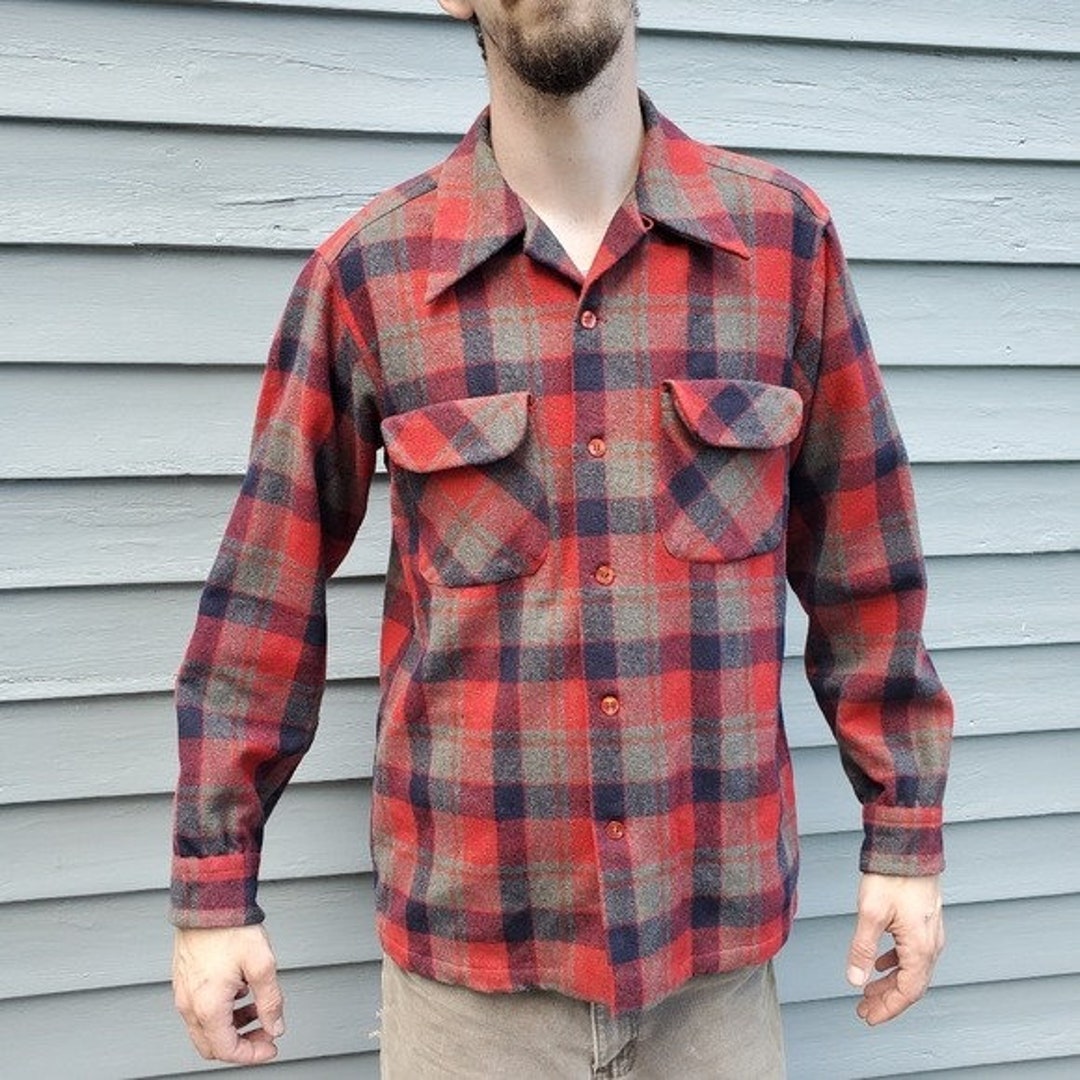 Vintage 60s Pendleton Wool Board Shirt Red Navy Blue and Gray