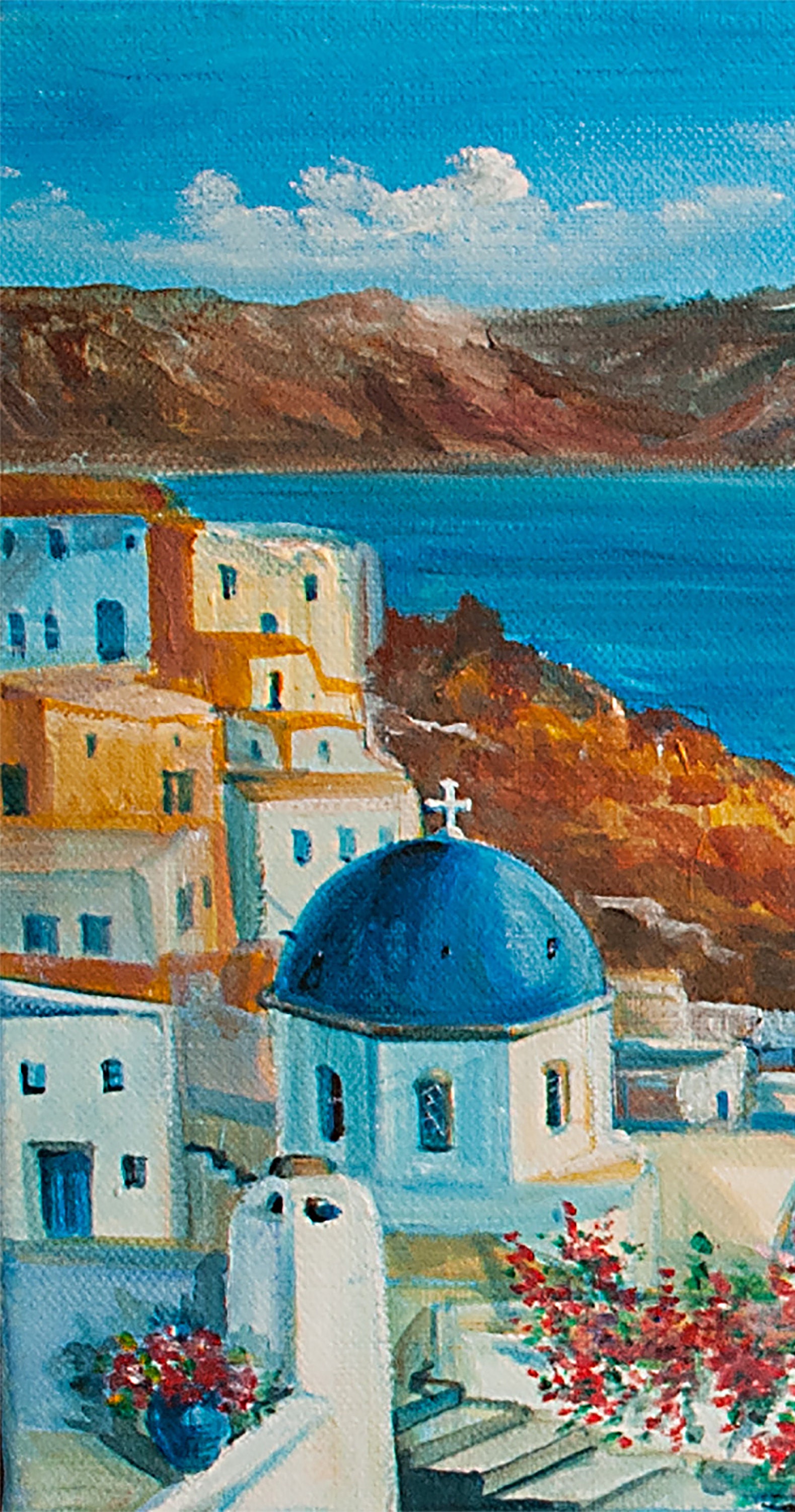 サントリーニ島の海景油絵：ギリシャの島の芸術、青い海（14-18分