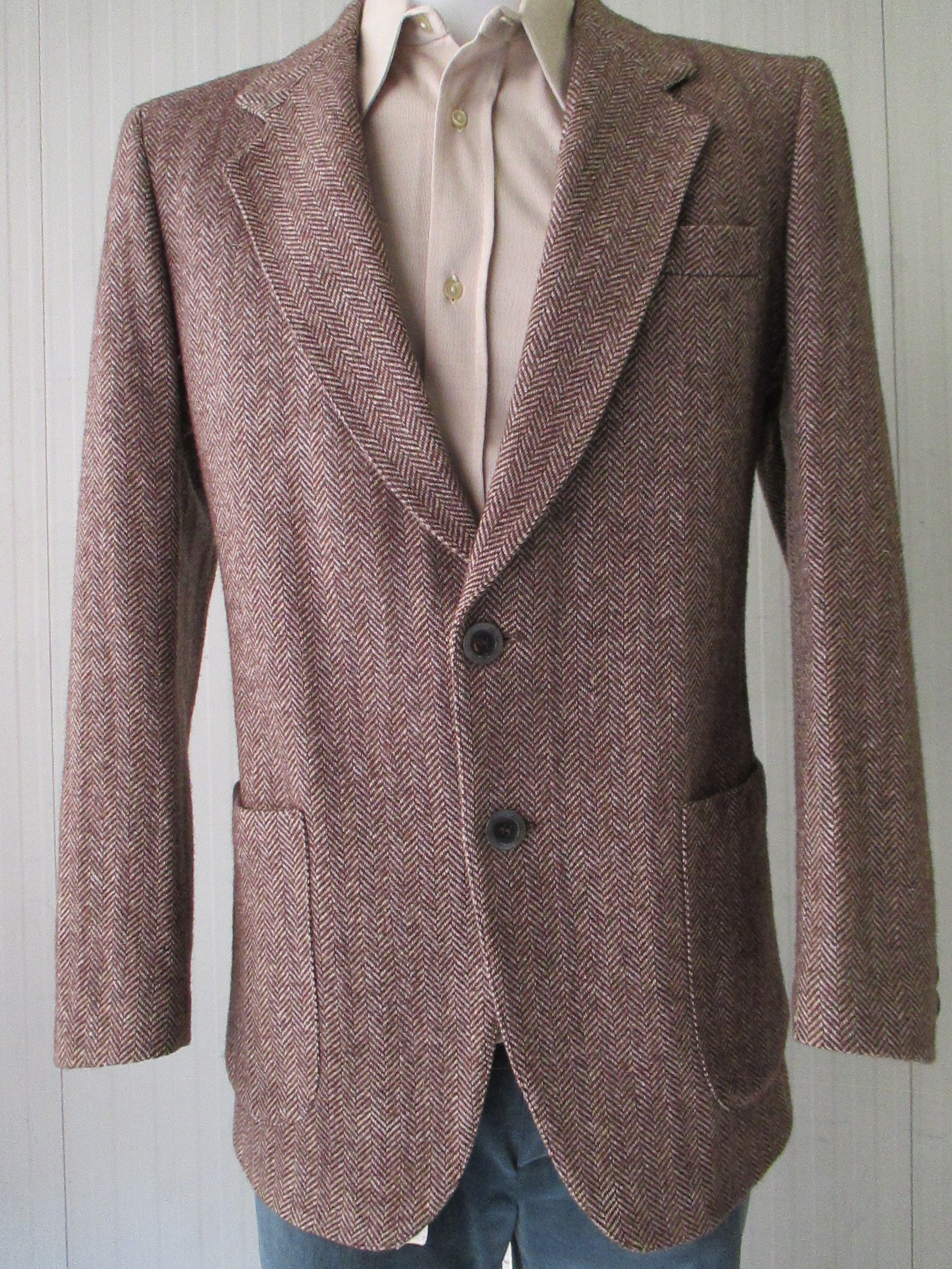 70s tweed jacket/Pure wool/Herringbone pattern/Two buttons/Patch