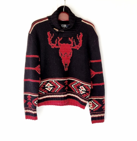Polo Ralph Lauren 1990s Vintage Handknit Navajo Skull Shawl Collar